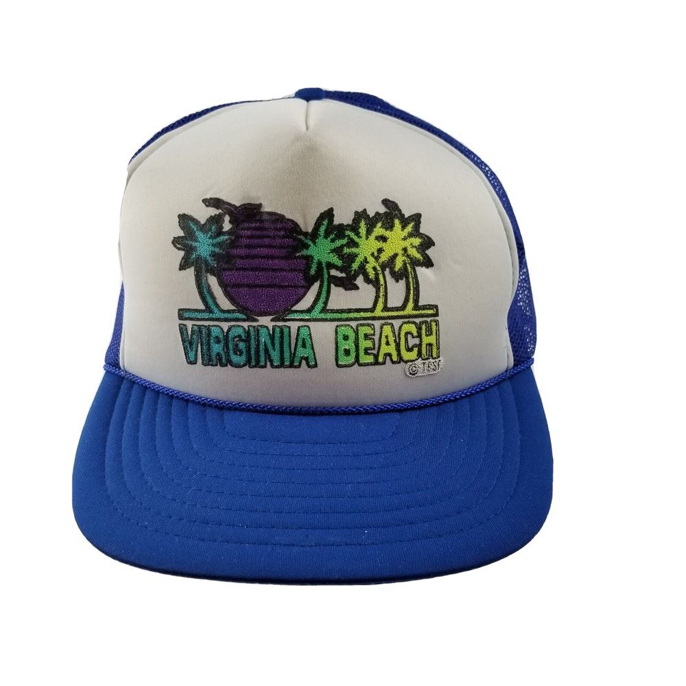 Vintage‎ Virginia Beach Trucker Hat Adjustable Snap Back Mesh Palm Trees Blue